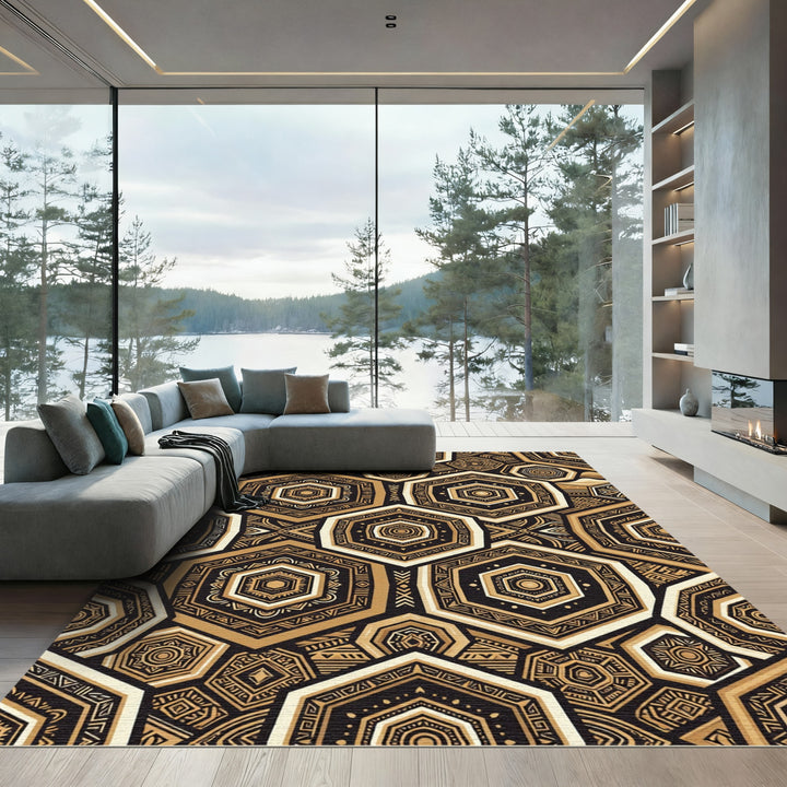 Golden Tribal Hexagon Geometric Rug