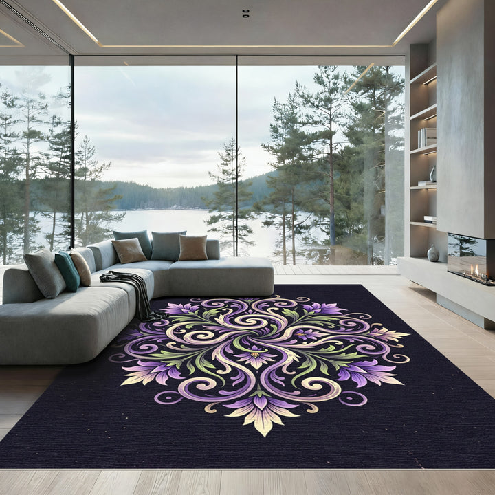 Purple Ivory Floral Scroll Layout Rug