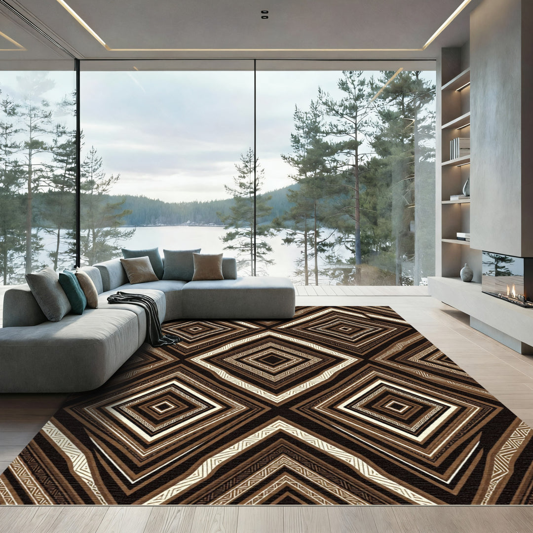 Brown White Geometric Diamond Harmony Rug