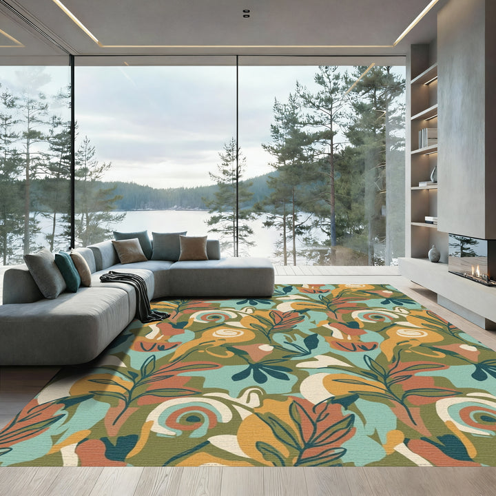 Abstract Earthy Tone Floral Swirl Rug