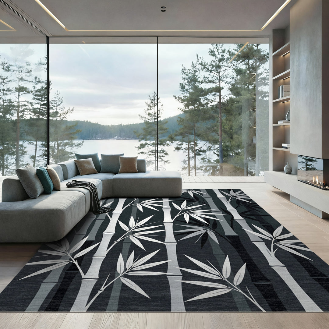 Monochromatic Bamboo Foliage Branches Rug