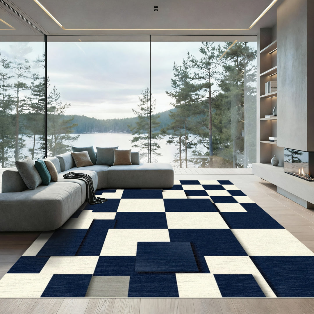 Deep Blue Cream Checkerboard Overlap Rug