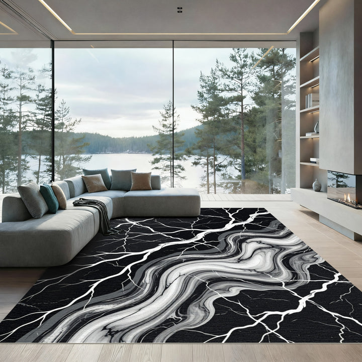 Black White Marble Veined Abstract Rug