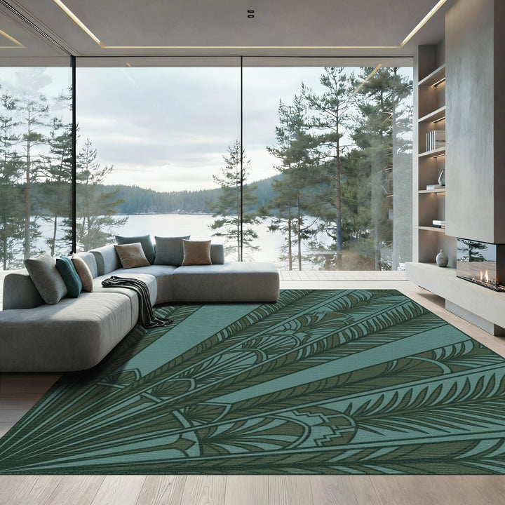 Deep Teal Feathered Fan Art Deco Rug