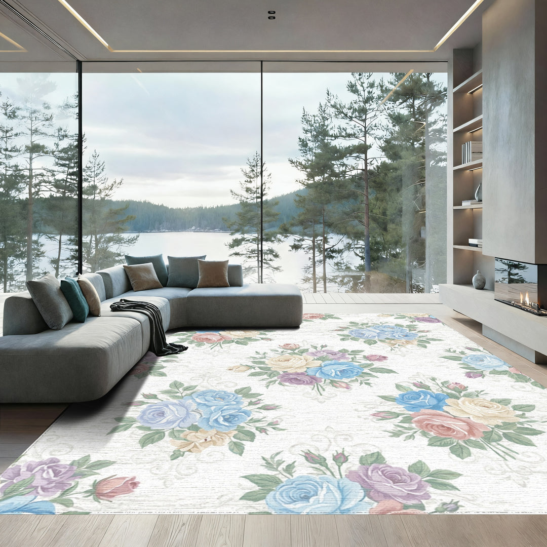 Pastel Rose Bouquet Vintage Scroll Rug