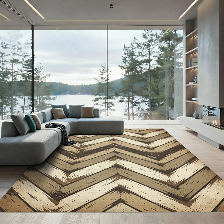 Rustic Earthy Chevron Brush Stroke Rug