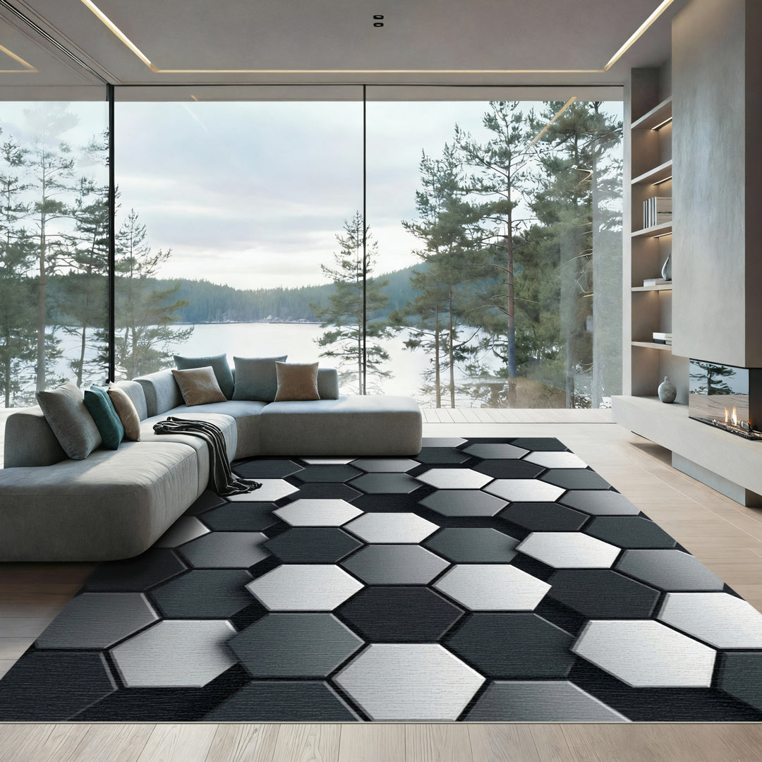 Sophisticated Gray Geometric Hexagon Rug