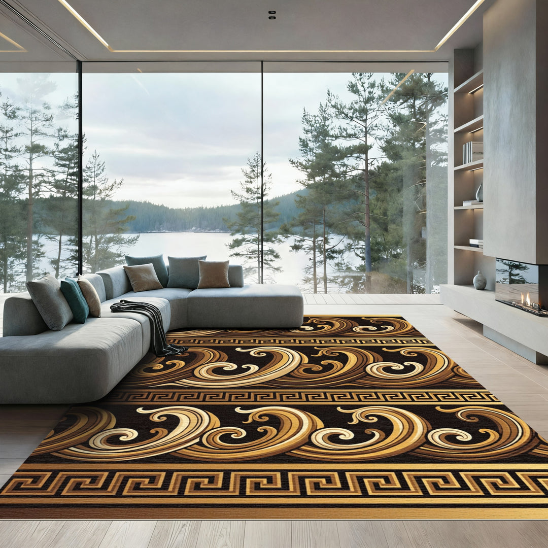 Golden Waves Greek Key Border Rug