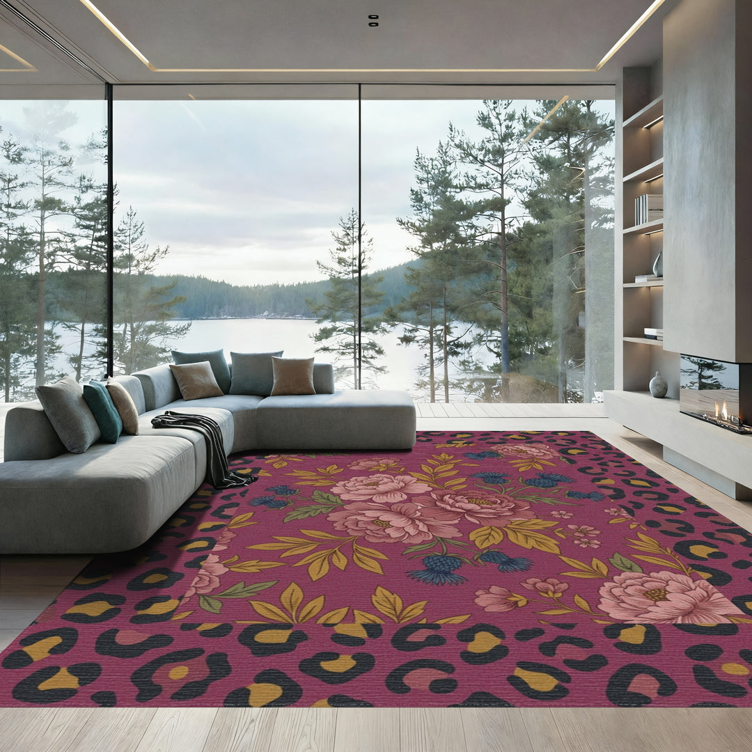Burgundy Floral Leopard Border Rug