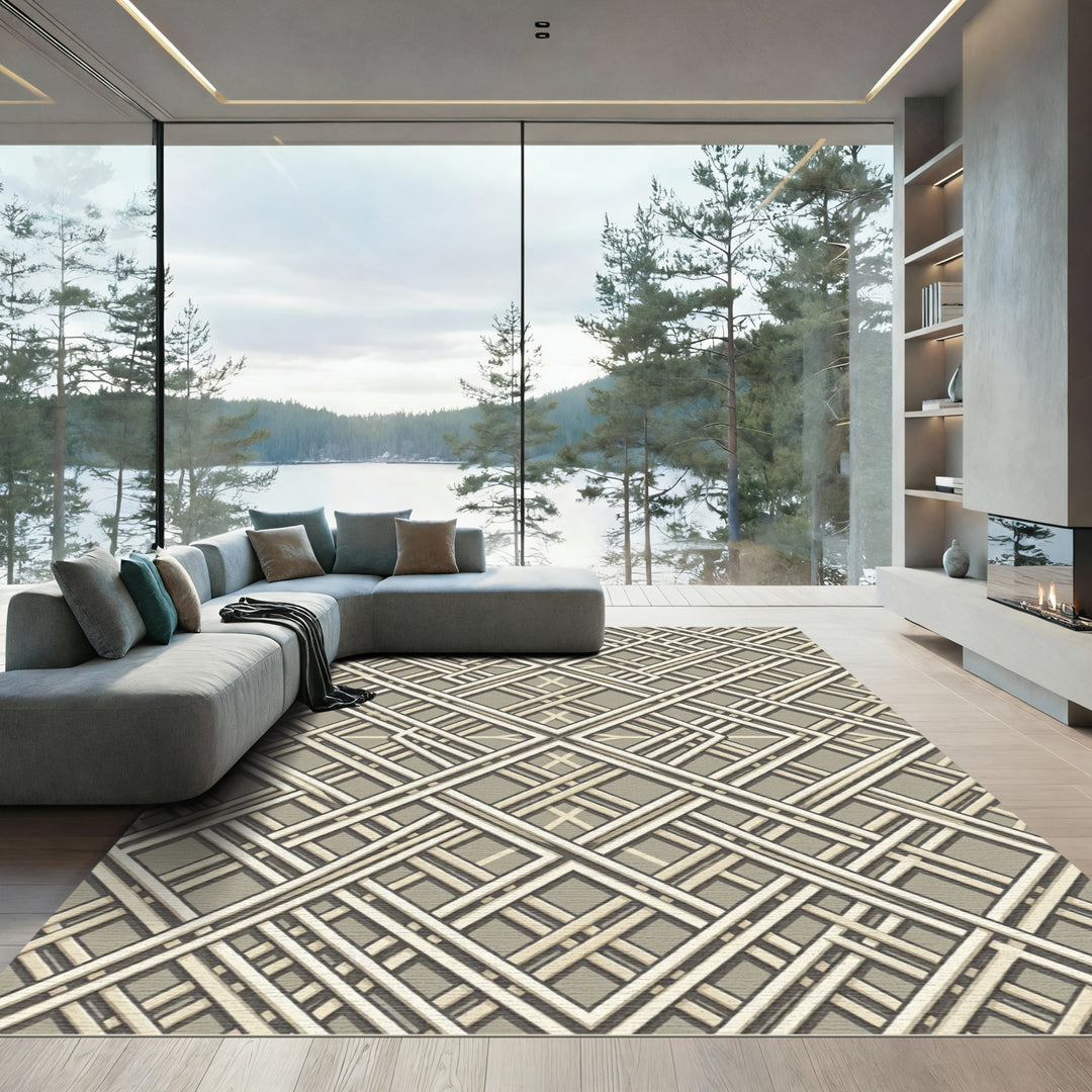 Geometric Lattice Bamboo Weave Rug
