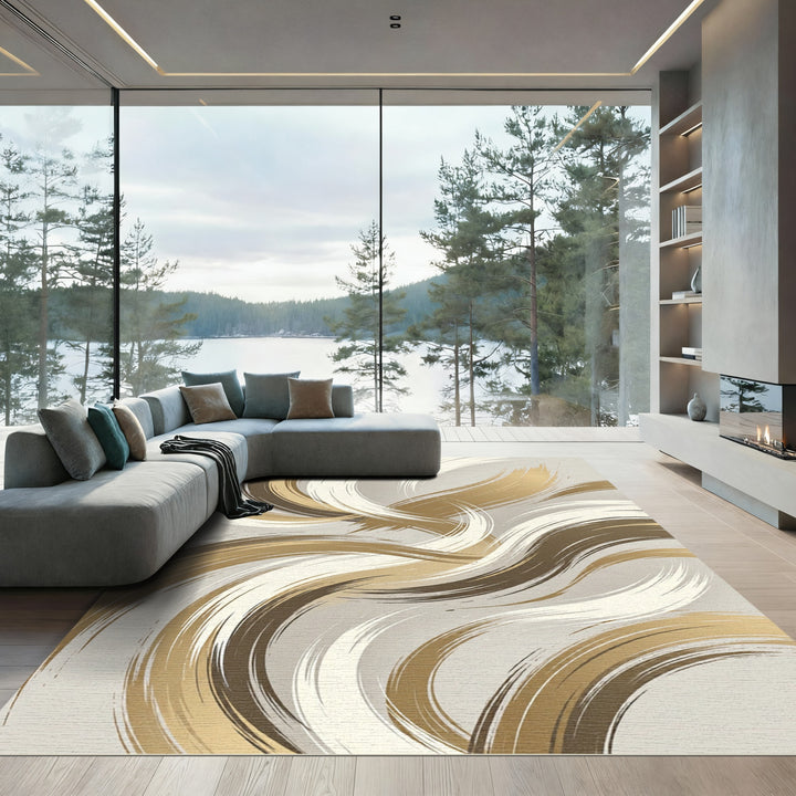 Golden Brown Swirl Brushstroke Rug