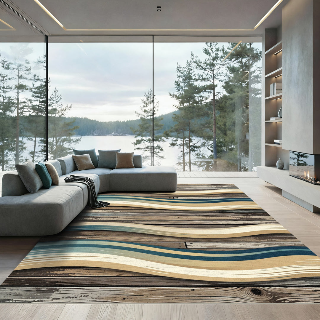 Wavy Blue Beige Wood Plank Rug