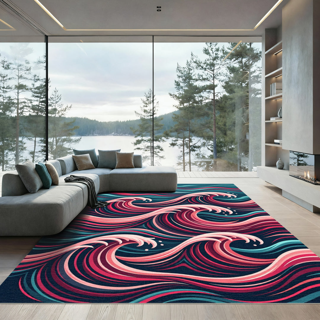Bold Pink Teal Swirl Waves Rug