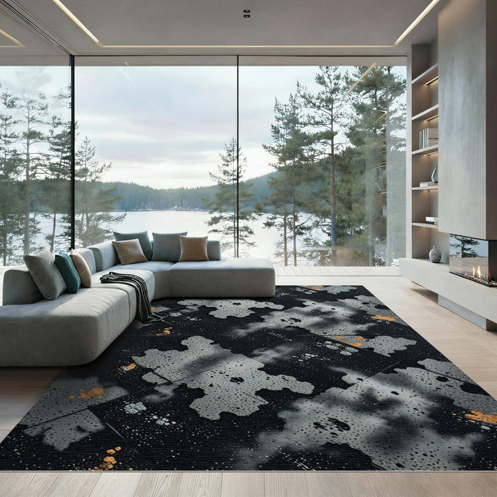 Dark Splattered Abstract Forms Rug