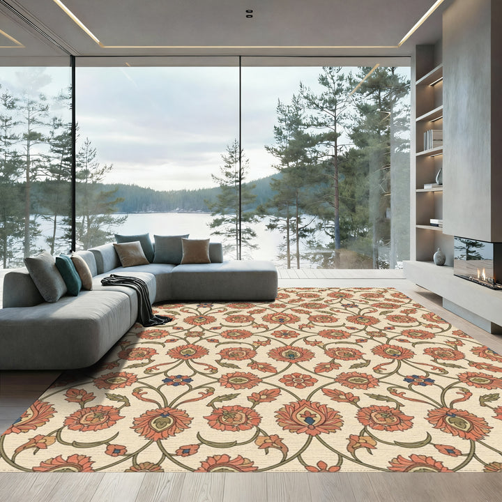 Coral Red Floral Vine Lattice Rug