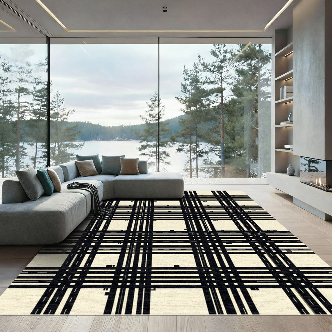 Minimalist Black White Grid Lines Rug