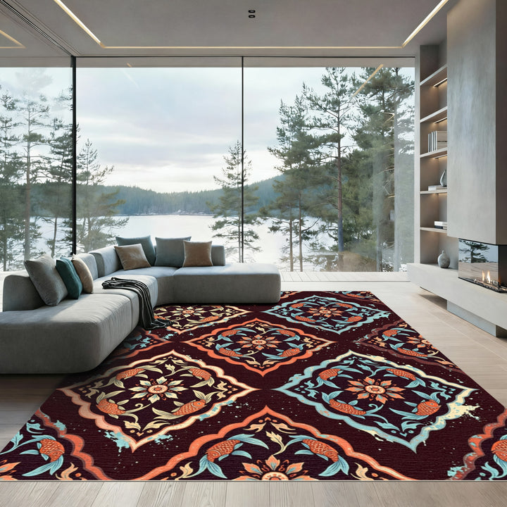 Ornate Orange Fish Floral Medallion Rug
