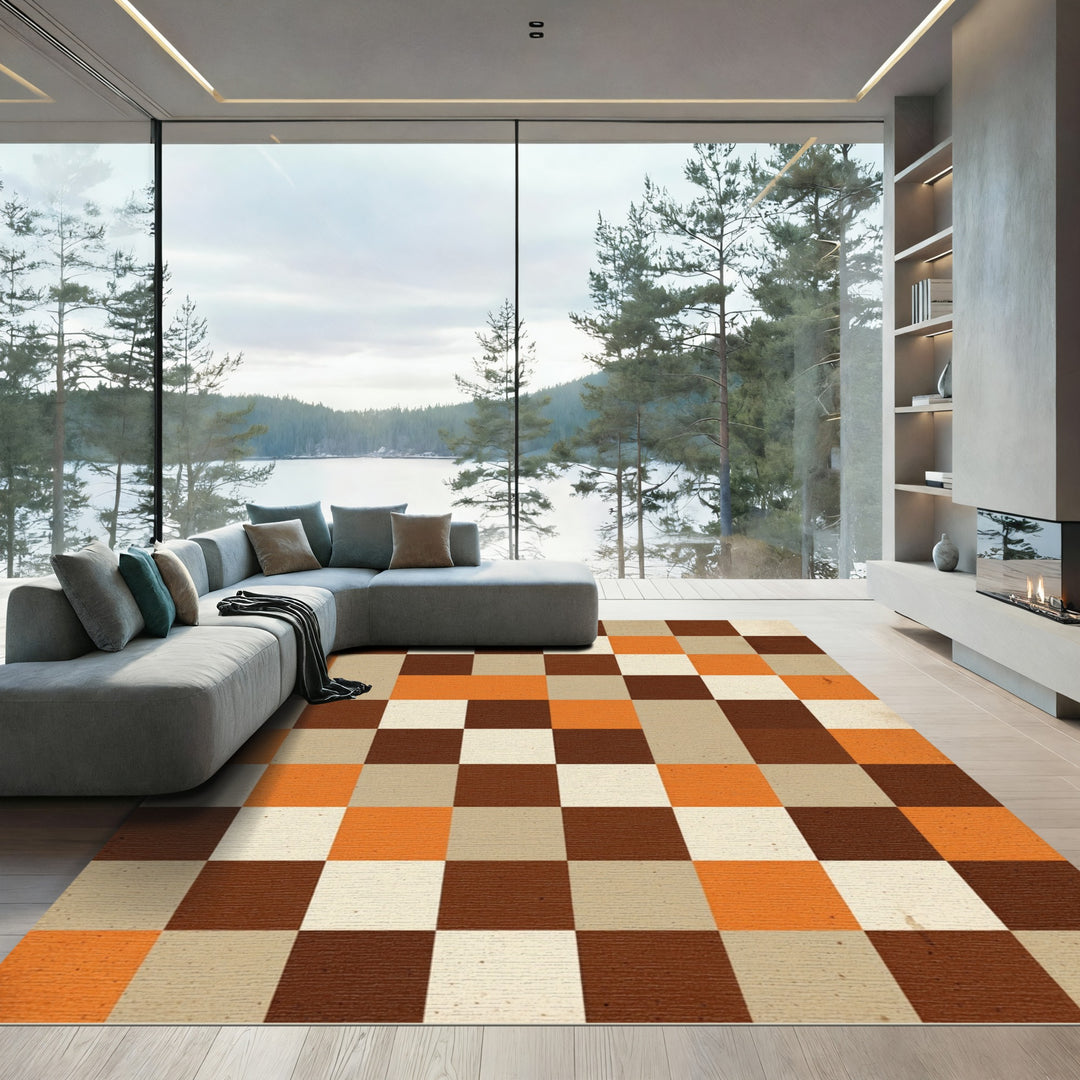 Retro Checkerboard Orange Brown Squares Rug