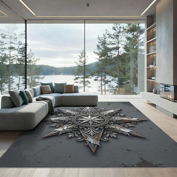 Ornate Silver Starburst Medallion Rug