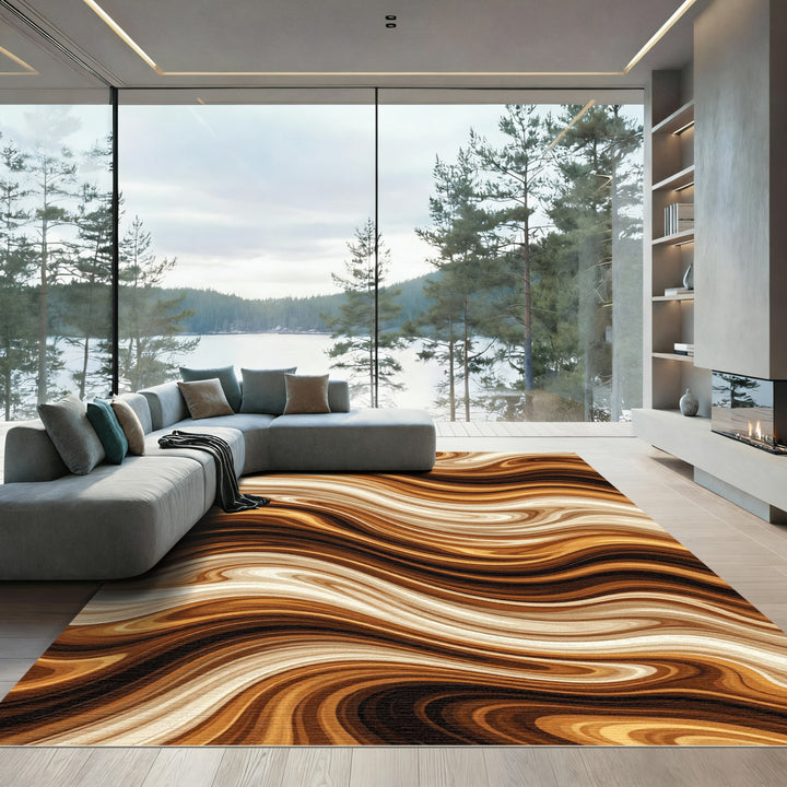 Rich Golden Swirl Abstract Wave Rug