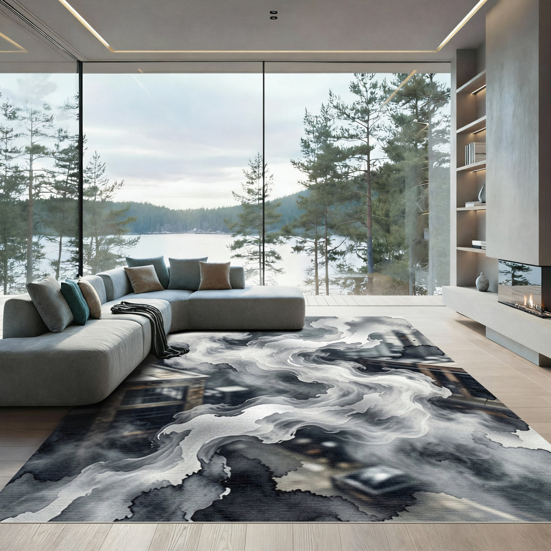 Monochromatic Abstract Smoke Over City Rug