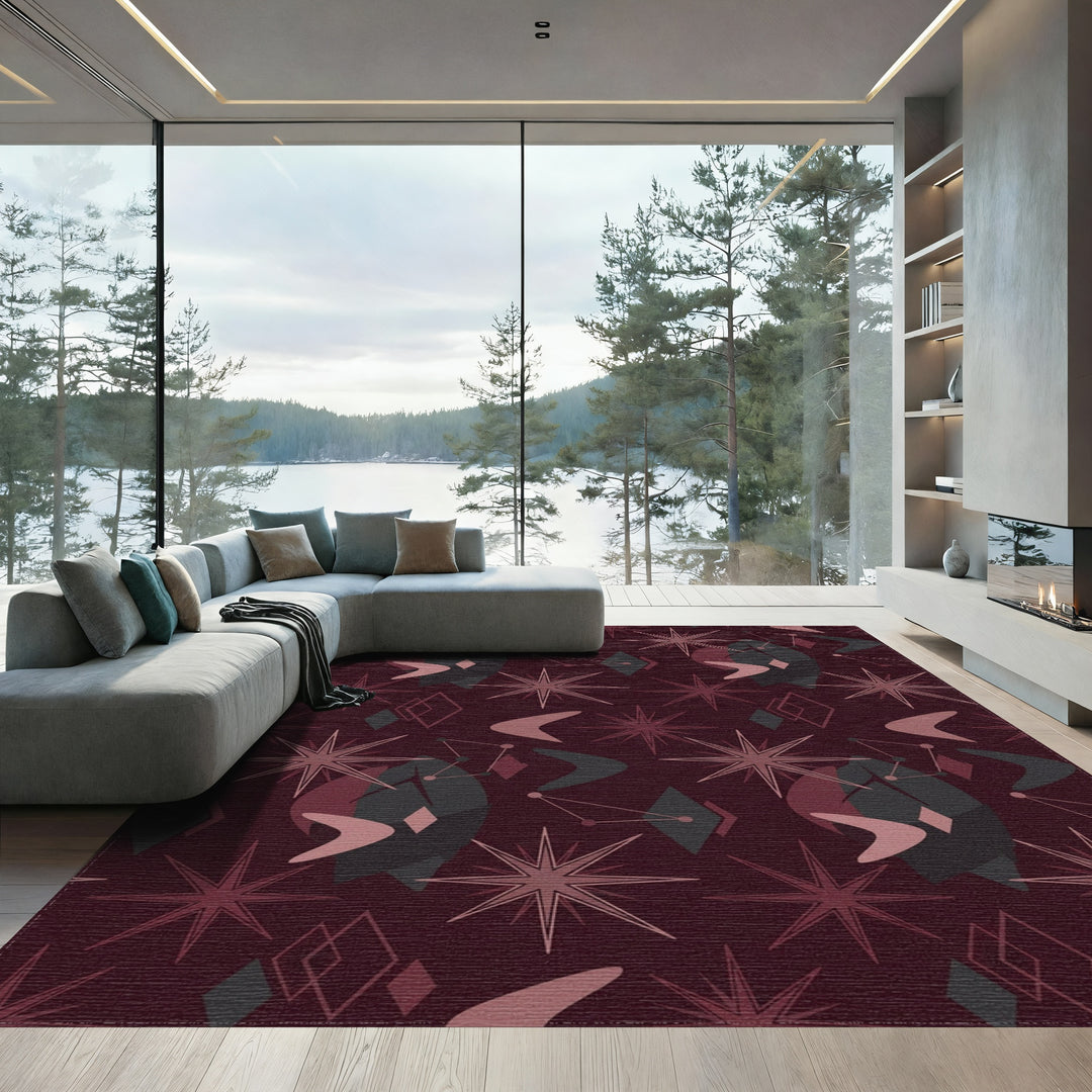 Crimson Starburst Atomic Boomerang Shapes Rug