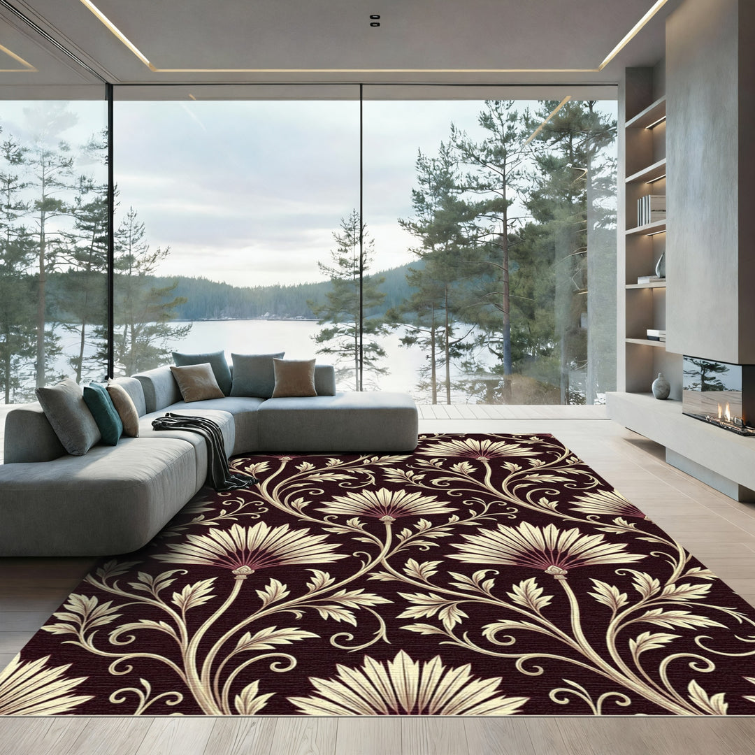 Cream Fan Floral Vine Dark Rug
