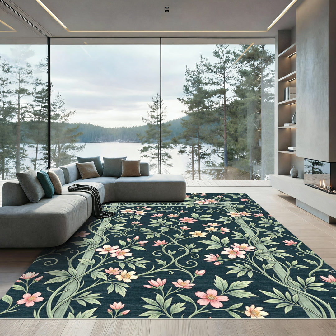 Dark Teal Floral Climbing Arch Rug