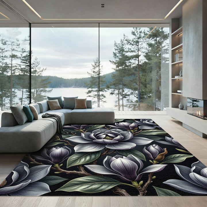 Dark Magnolia Blossom Floral Art Rug