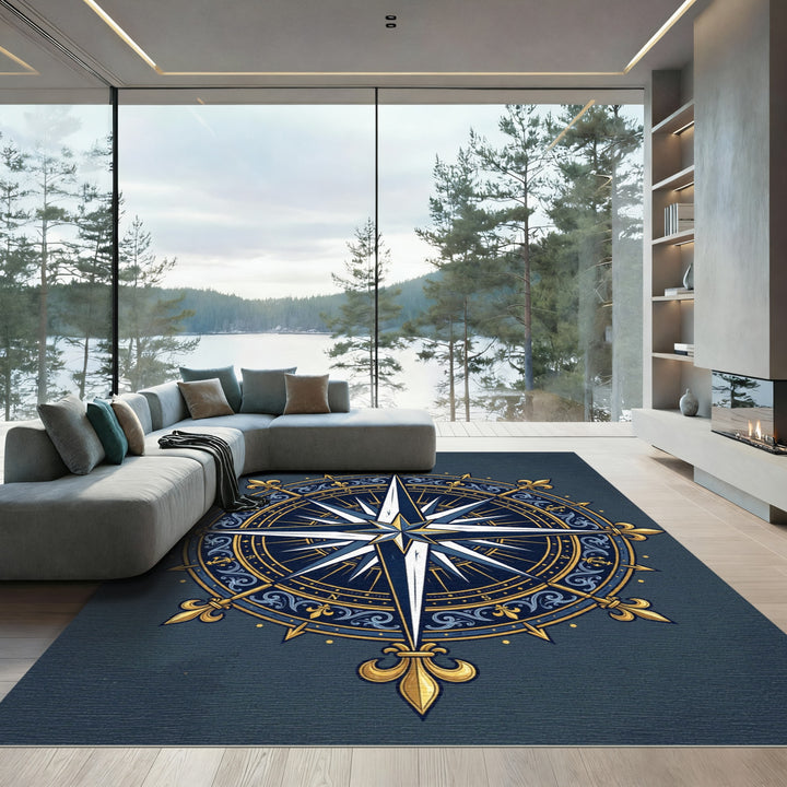 Navy Gold Compass Rose Embellished Rug