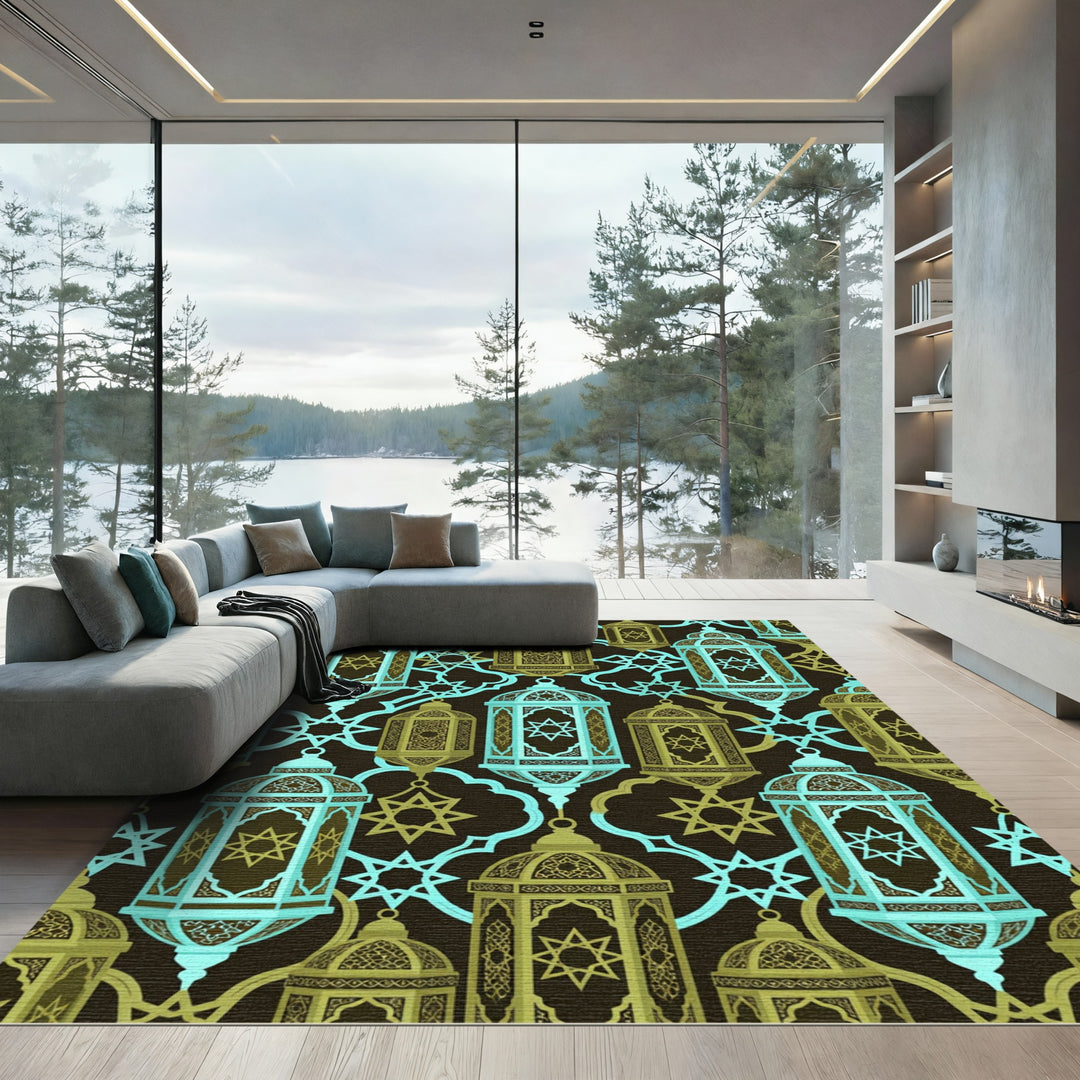 Aqua Gold Islamic Lantern Star Rug