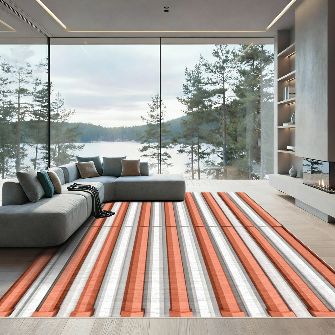 Coral White Geometric Stripe Repeating Rug