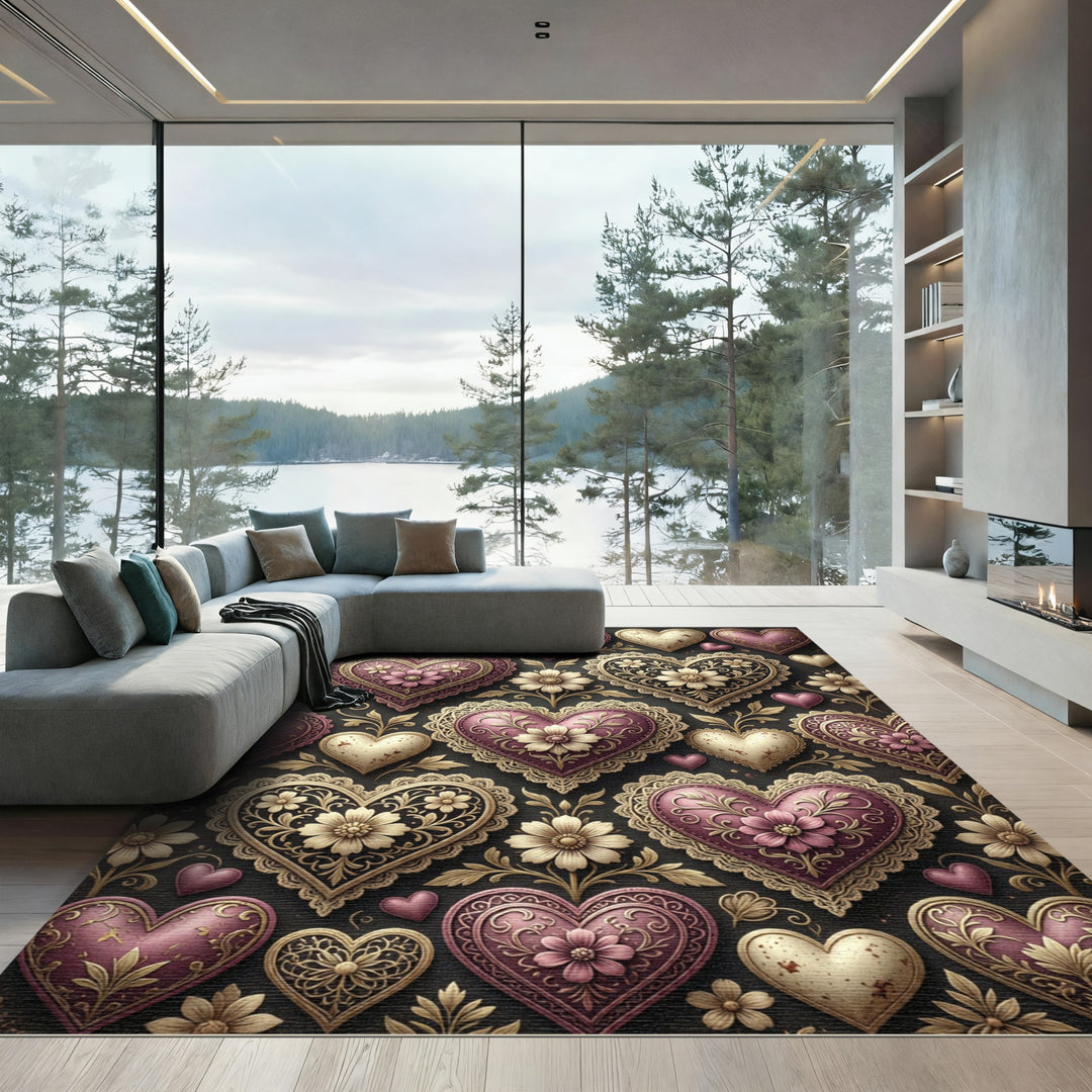 Ornate Hearts with Filigree Bloom Pattern Rug