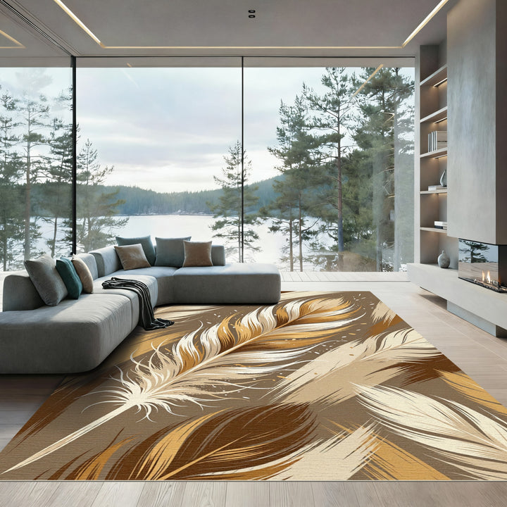 Earthy Golden Feathers Abstract Rug
