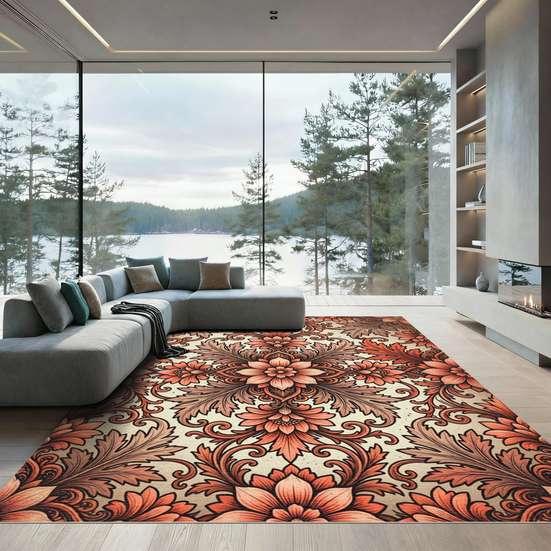 Ornate Coral Floral Damask Rug