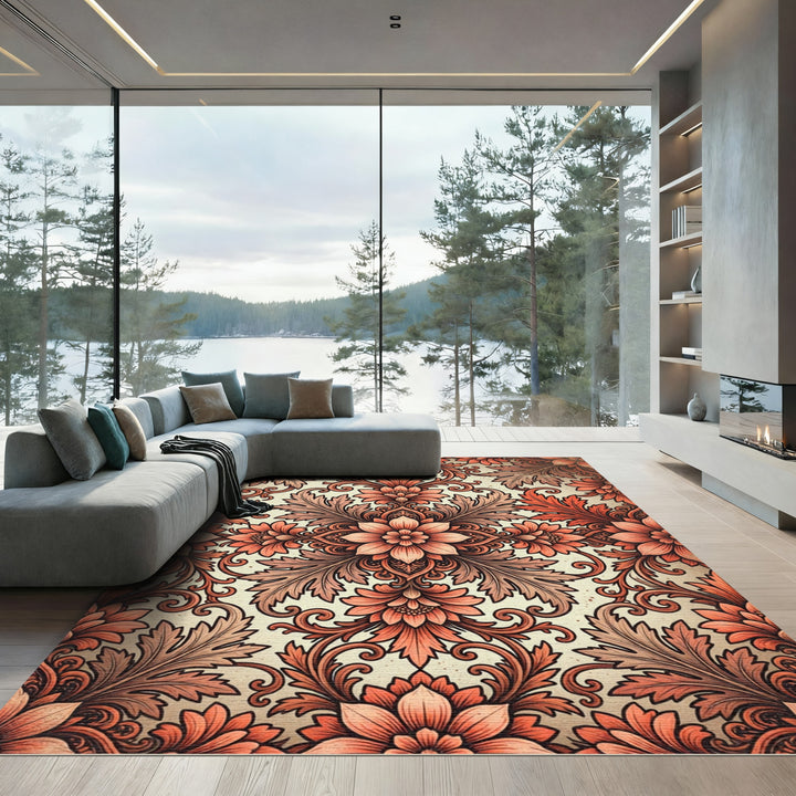 Ornate Coral Floral Damask Rug