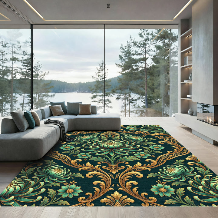Elegant Teal Floral Gold Damask Rug