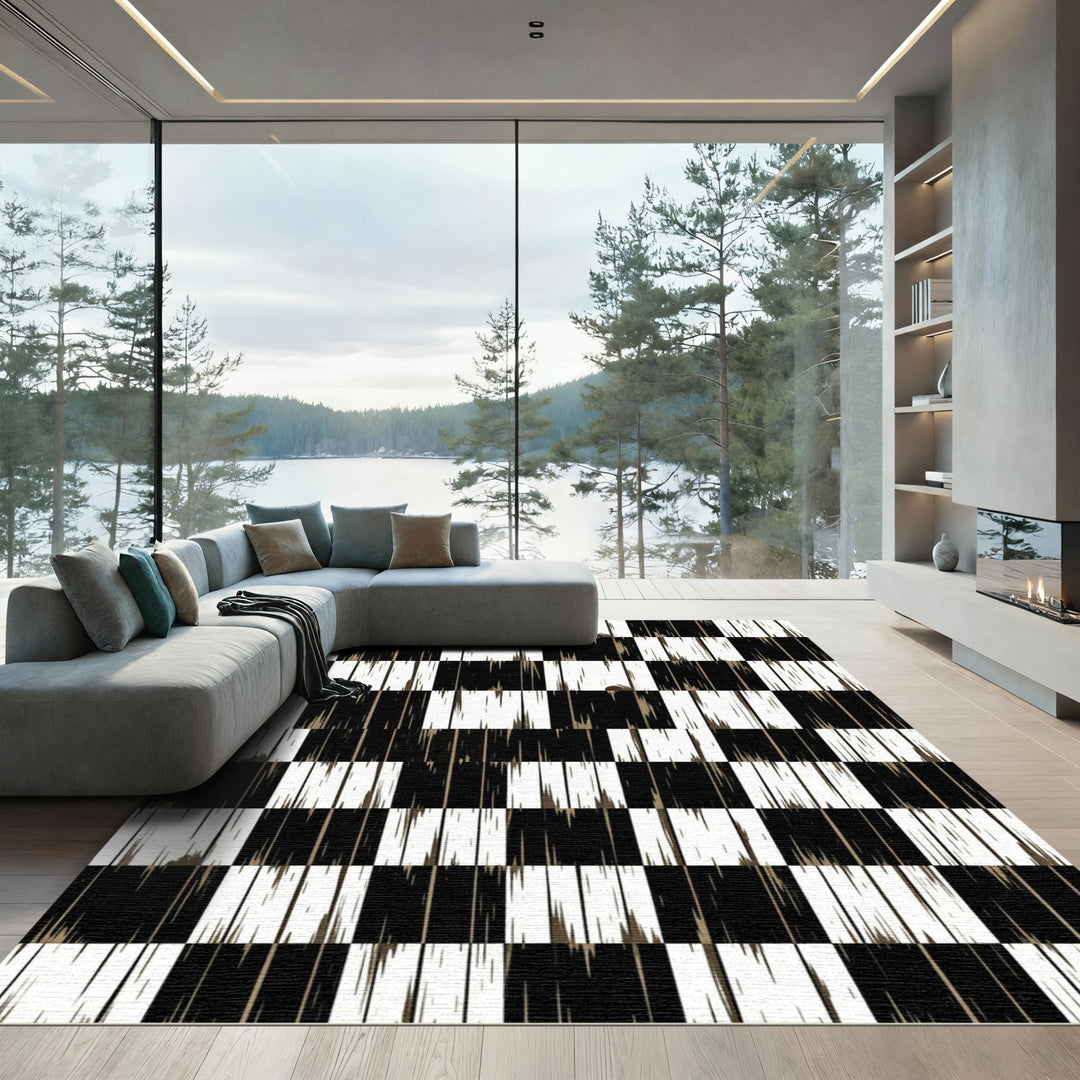 Bold Black White Wood Grain Checker Rug