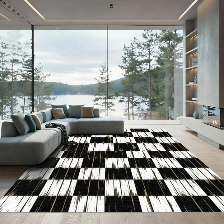 Bold Black White Wood Grain Checker Rug