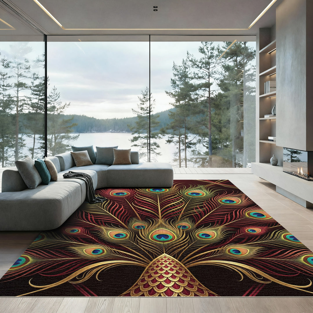 Rich Gold Red Peacock Feather Fan Rug