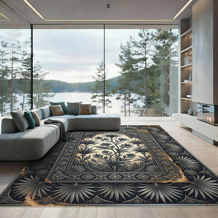 Antique Black Floral Arch Rug
