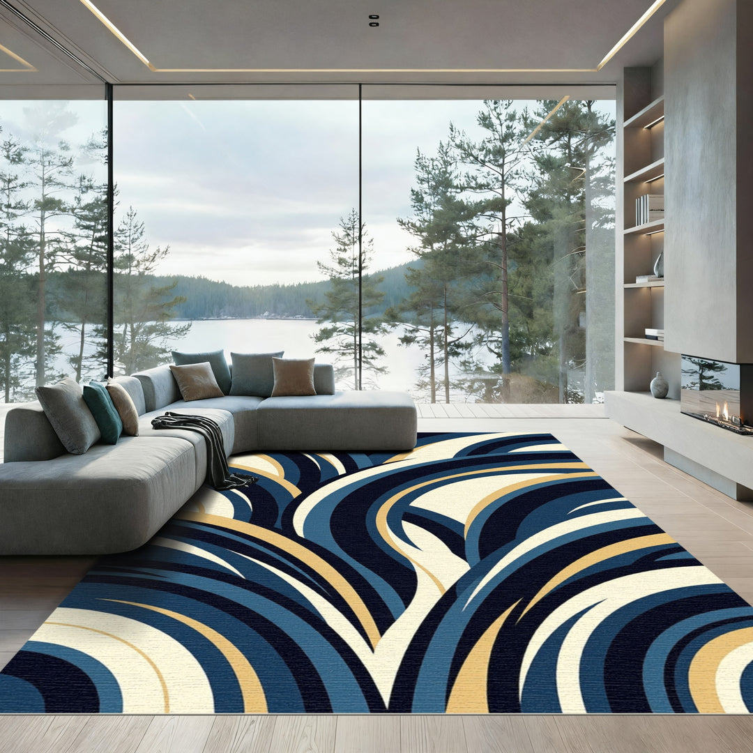 Deep Blue Gold Arc Cascade Rug