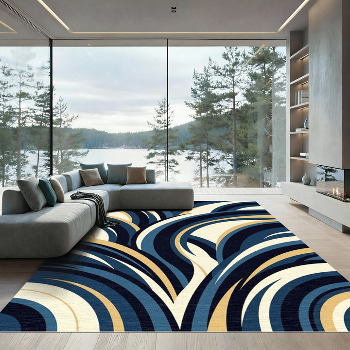 Deep Blue Gold Arc Cascade Rug