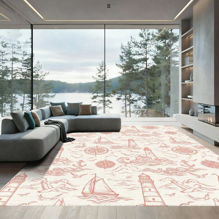Coral Coastal Lighthouse Sailboat Compass Rug