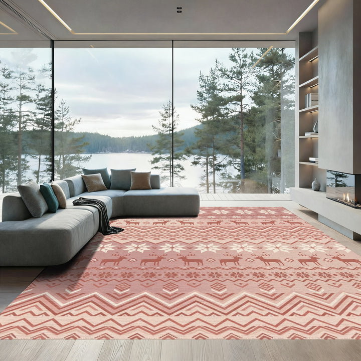 Rose Gold Nordic Reindeer Snowflake Stripe Rug