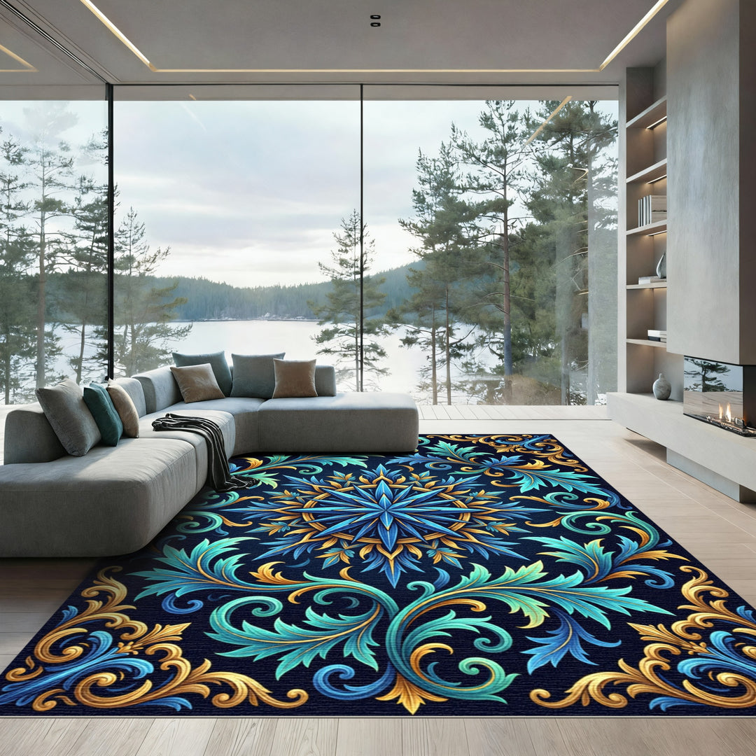 Blue Gold Scrollwork Floral Medallion Rug