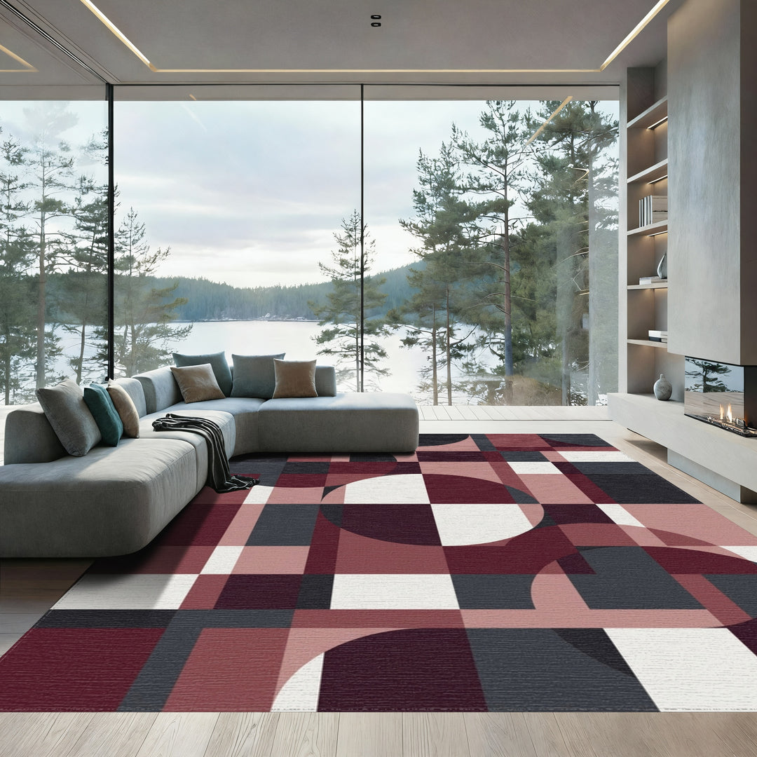 Geometric Crimson Circles Squares Rug