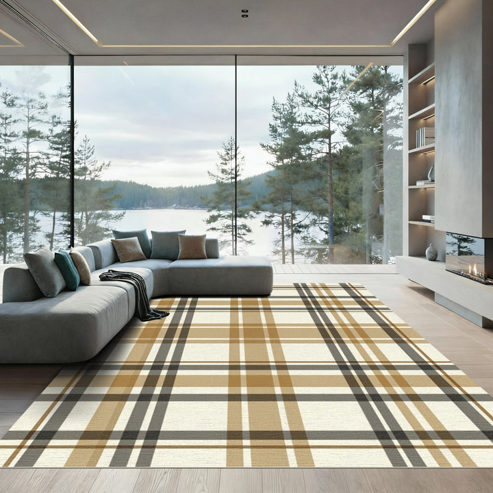 Warm Brown Beige Tartan Plaid Rug