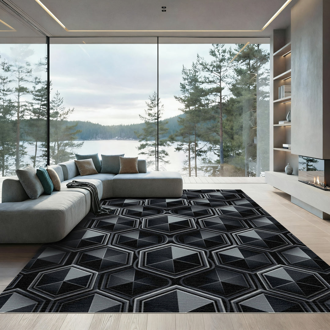 Modern Gray Hexagonal Deep Relief Rug
