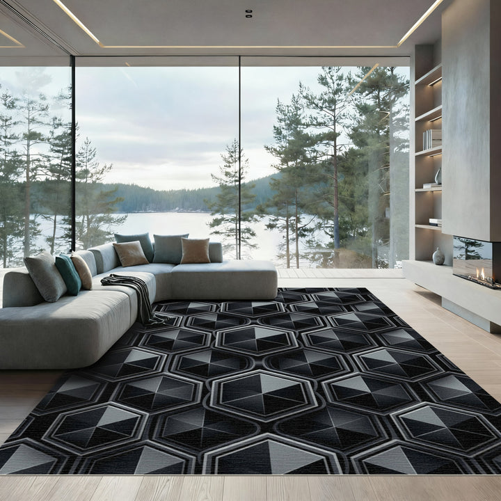 Modern Gray Hexagonal Deep Relief Rug